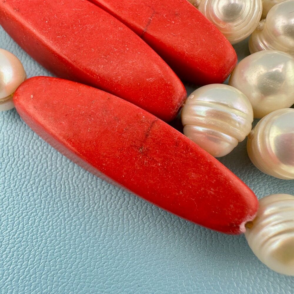 Vintage Red Stone Genuine Pearl Necklace Flapper 64" Knotted Statement Heavy - Picture 6 of 15